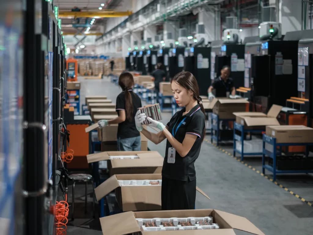 A factory worker inspecting electronics components on an assembly line